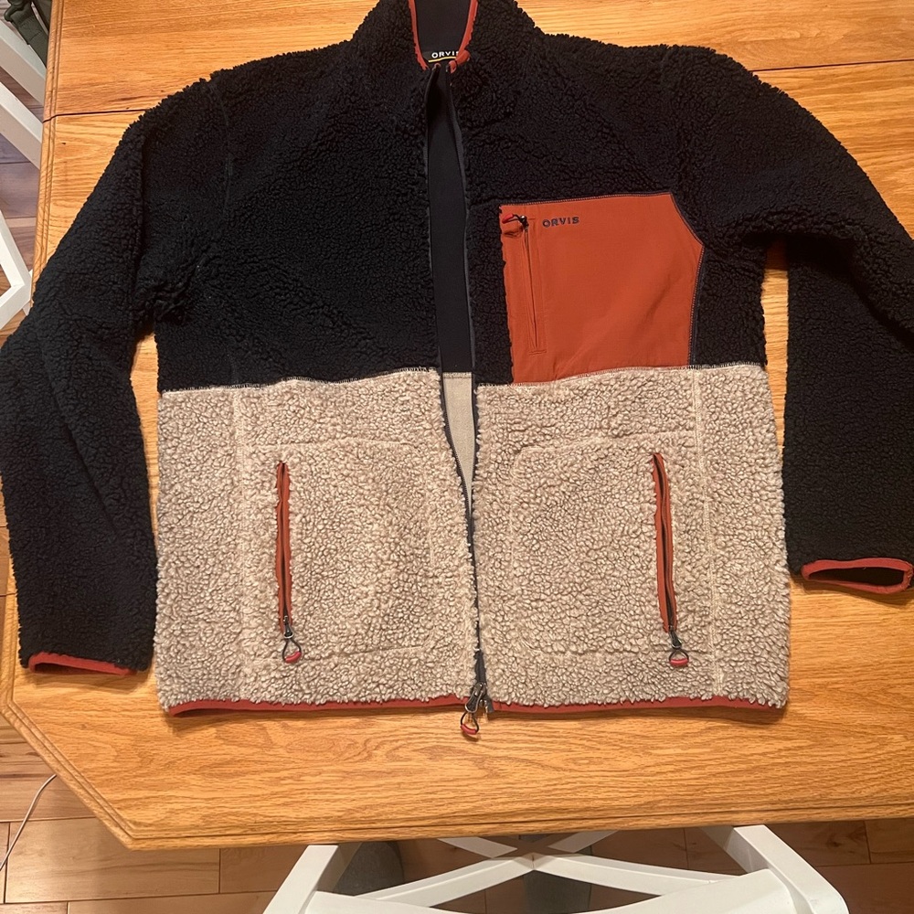 Orvis Men's Navy and Tan Fleece Jacket